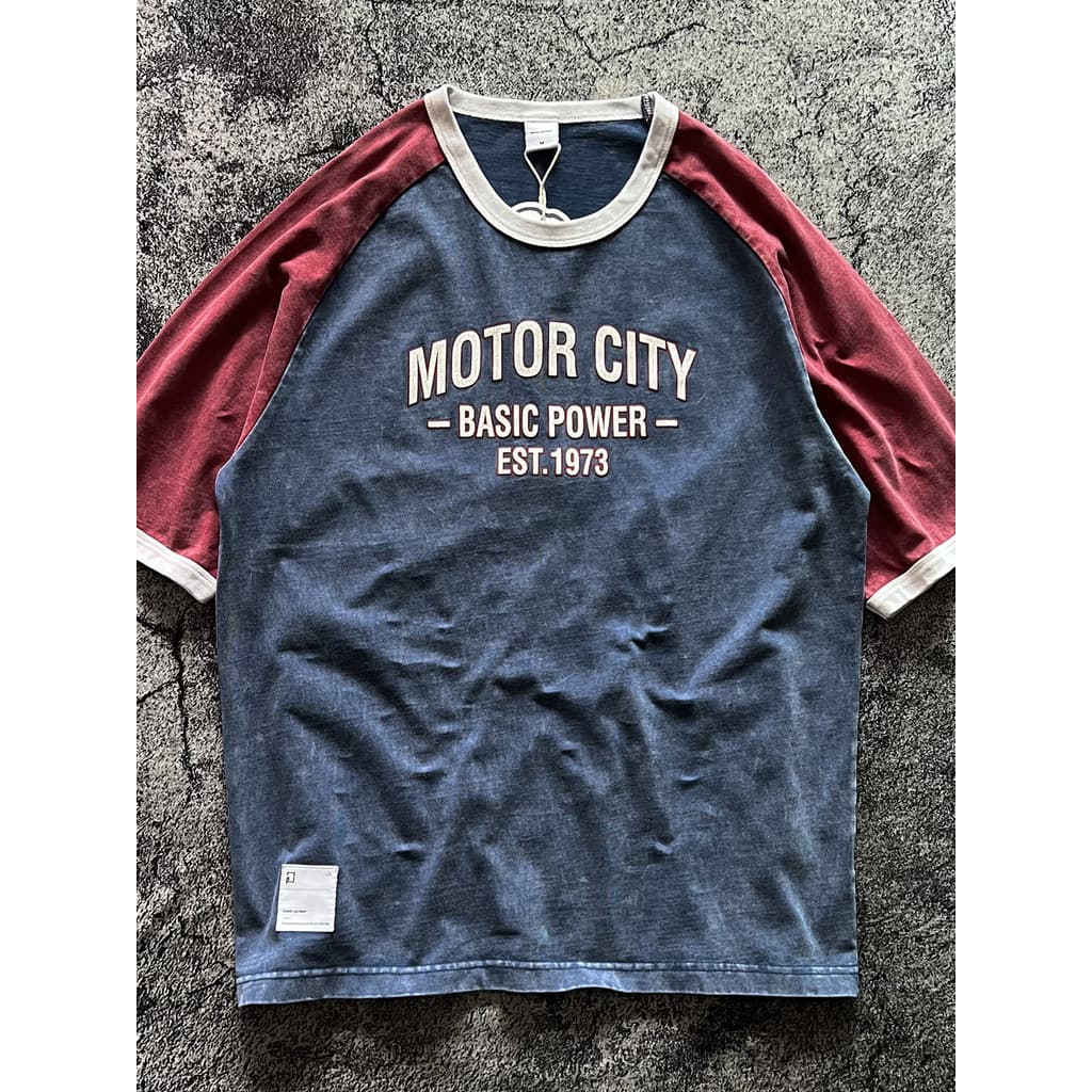 Ami cáqui pesado nostálgico Retro solto contraste cor alto grama peso verão caído ombro Crack impresso curto-