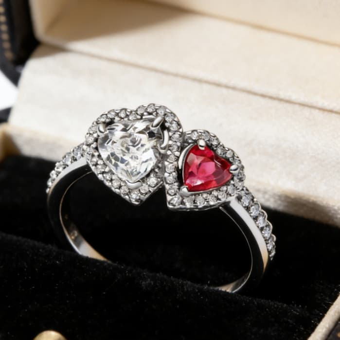 Anel de Coração Feminino da Moda S925, Anel de Diamante Brilhante Bicolor em Forma de Coração, d 5FPH Presente Único