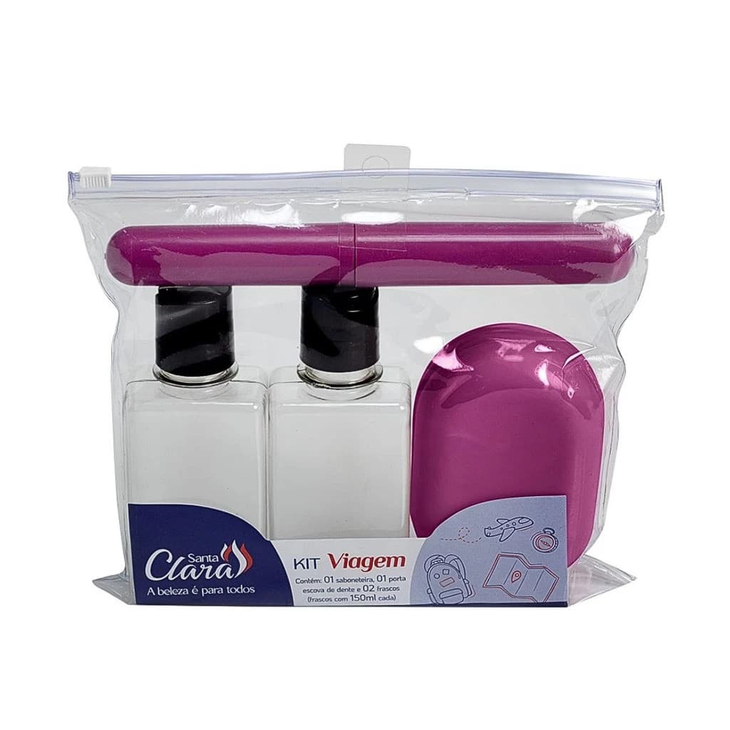 Kit Viagem Santa Clara 4 Peças Necessaire Porta Escova Saboneteira Frascos 150ml Rosa Original