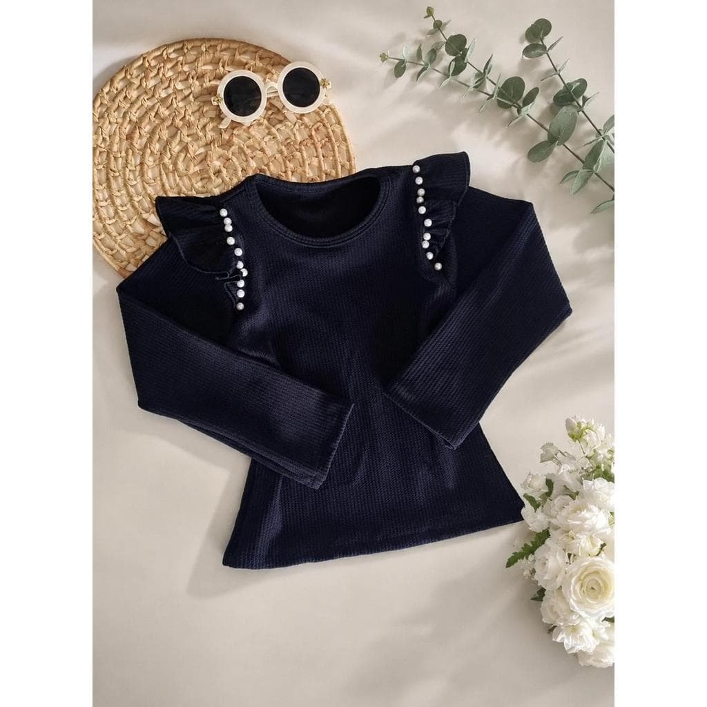 Blusa Infantil Feminina Manga Longa Ana Ruga perlas na Manga e Gola Elegante