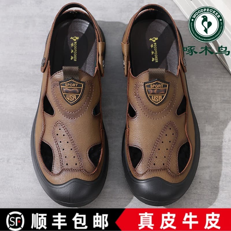 Woodpecker sandálias masculinas verão couro genuíno sola macia antiderrapante sapatos de praia masculino lazer ao ar liv