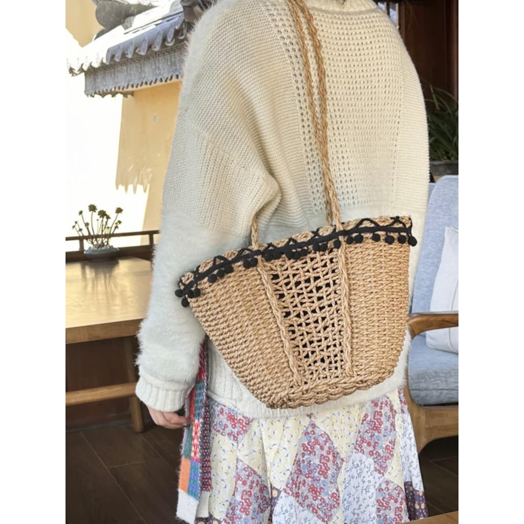 Novo saco de palha tecido à mão feminino verão beira-mar férias praia portátil de um ombro saco do mensageiro saco de pa