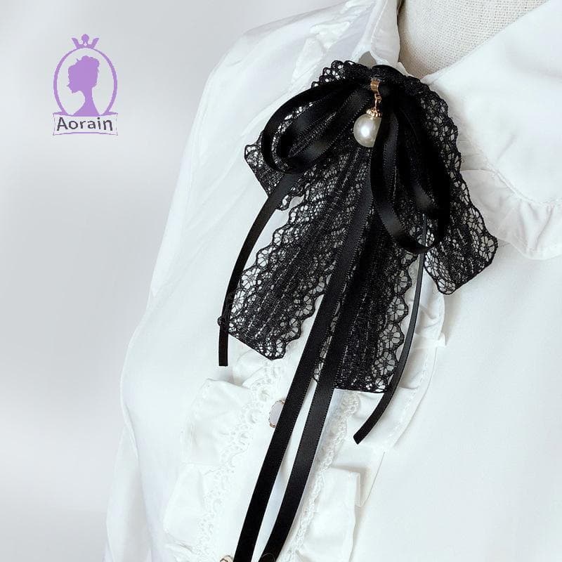 ANTH Broche De Gravata Borboleta De Luto Preto Elegante Pérola Renda Laço Fita Preta .