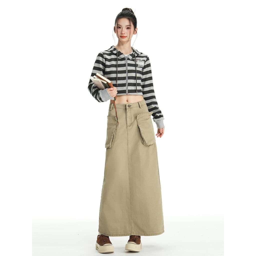 Americano Retro cáqui macacão saia feminina primavera novo estilo Design sentido grandes bolsos fenda mais magro olhar s