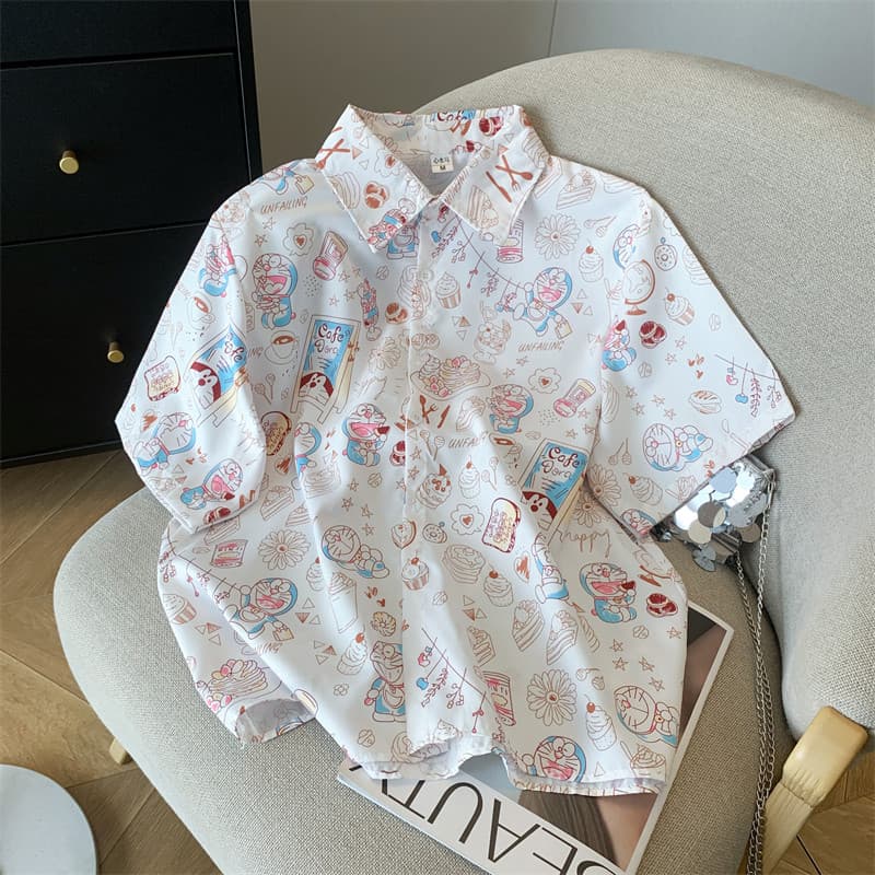 Design divertido impressão Doraemon Cartoon Retro estilo Hong Kong camisa de manga curta feminina camisa solta doce topo