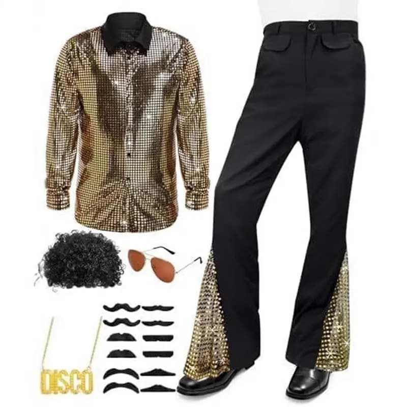 Roupa De Discoteca Dos Anos 70 Para Homens , Camisa Retrô , Calça Inferior De Sino , Fantasia De Cosplay De Halloween