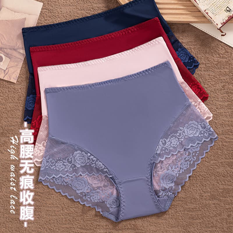 Cintura alta sem costura calcinha de seda gelo feminina renda guarnição estreita barriga Hip elevador verão tamanho gran