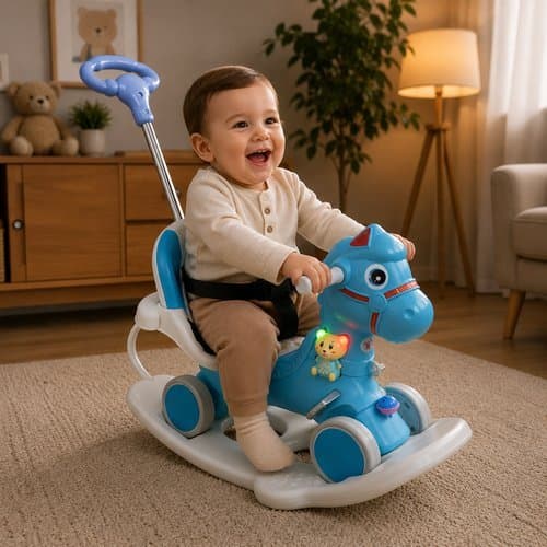 Cavalinho Infantil 3 Em 1 Empurrador Balanço Luz Sons Brinquedo Azul Educativo