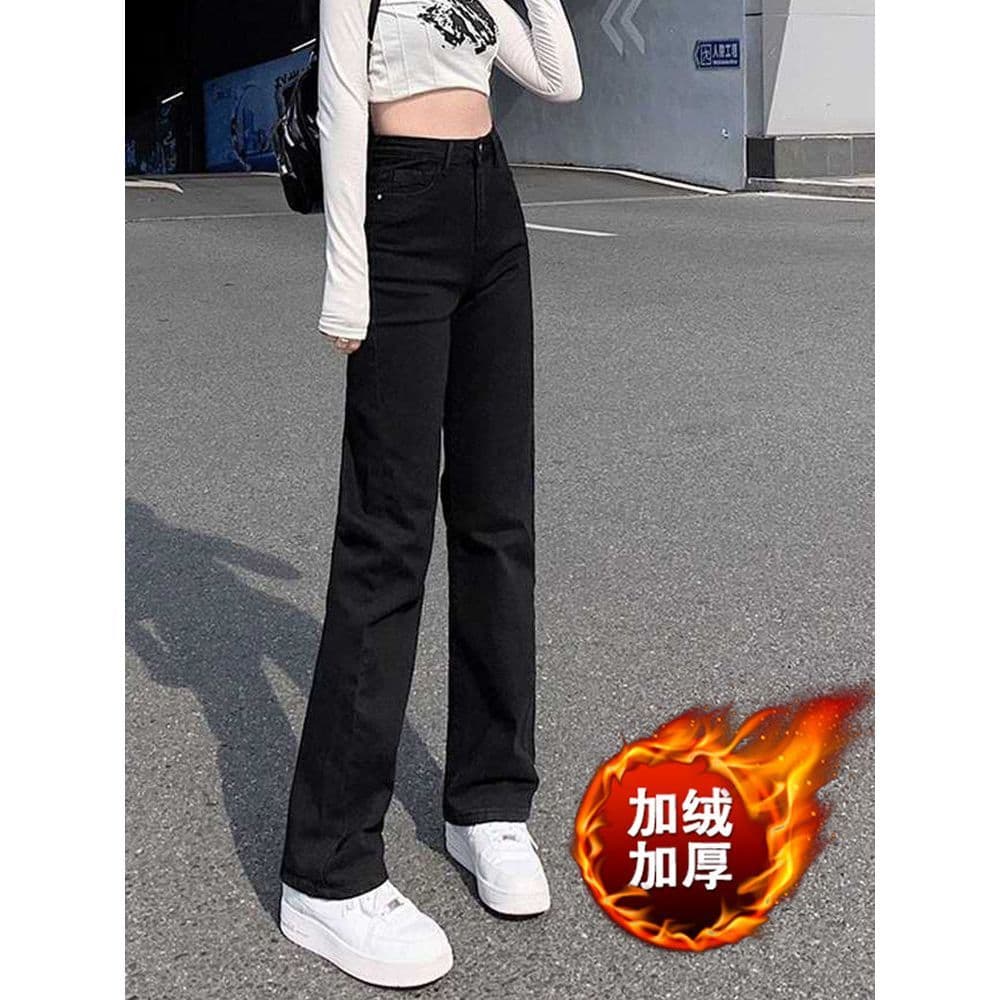 Forro de lã preto engrossado estreito Jeans reto feminino outono novo estilo solto mais magro olhar elástico piso alto