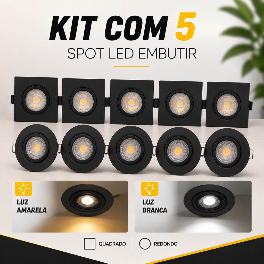 Kit 5 Spot embutir Luminárias Led Preto Quadrado Redondo Embutir 3000k 4000K 6500k 5W/7W Bivolt 110v/220v Supimpa Gesso