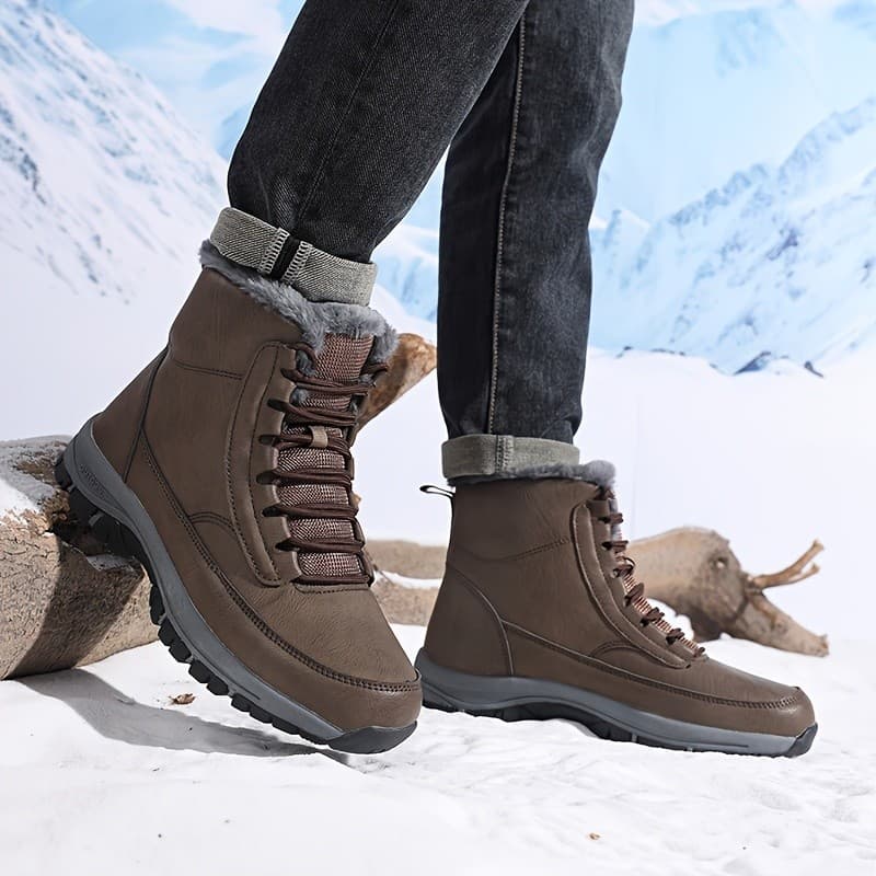 Women Snow Boots Men Solid Color Winter High Top Shoes with Warm Plush Lining, Outdoor Above The Ankle, Warm Lace Up Hik