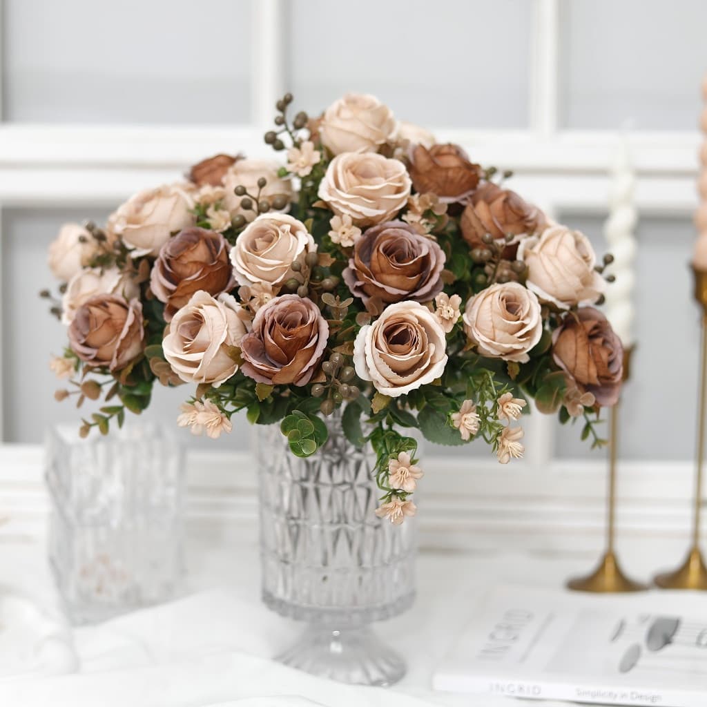 Buquê De Rosas De Seda Cor Café Estilo Vintage Outono-Decoração De Casa Premium Para Natal/Casamento/Interior