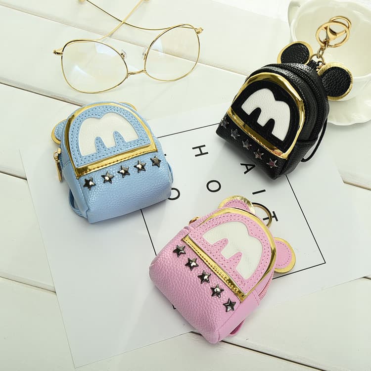 Coreia novo estilo bonito saco chave moeda bolsa rebite Mini pequeno saco de escola carro chaveiro pingente senhoras car