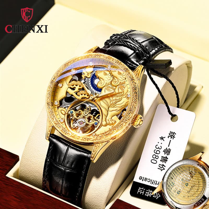 2026 chenxi Novo Estilo Couro Genuíno Fecho Borboleta Relógio Mecânico Totalmente Automático Masculino À Prova D 'Água L