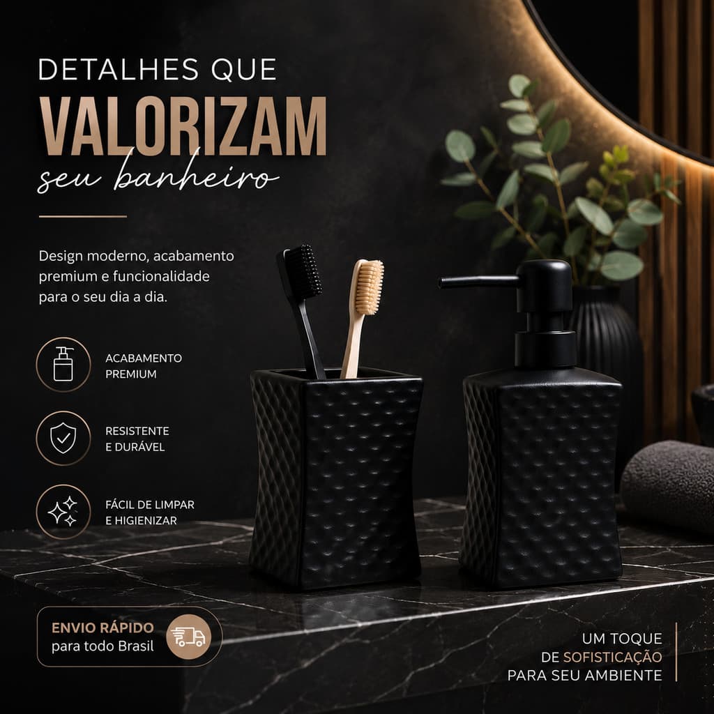 Kit Banheiro Porta Escovas e Porta Sabonete Líquido Cerâmica e Plástico