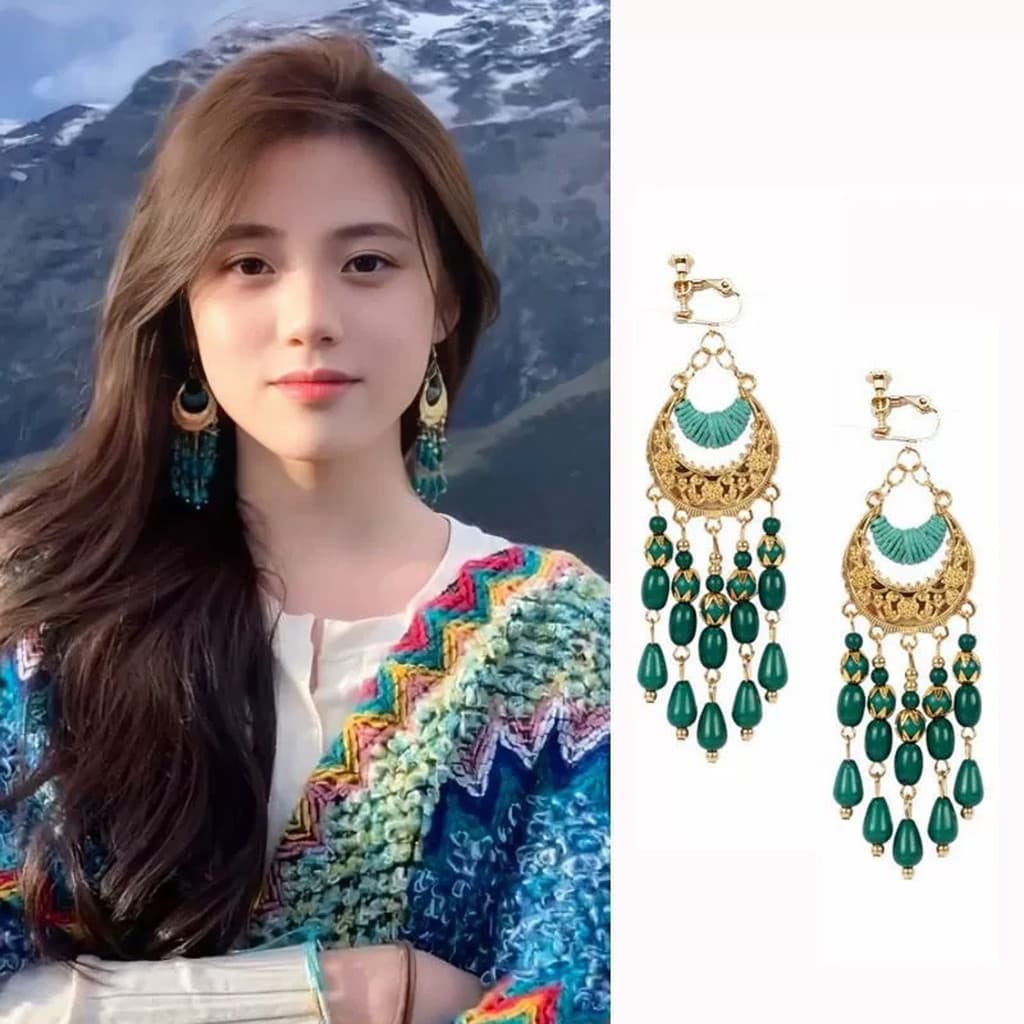 Novo estilo estilo étnico brincos longo contas de arroz borla clipe de orelha boêmio brincos estilo tibetano viag