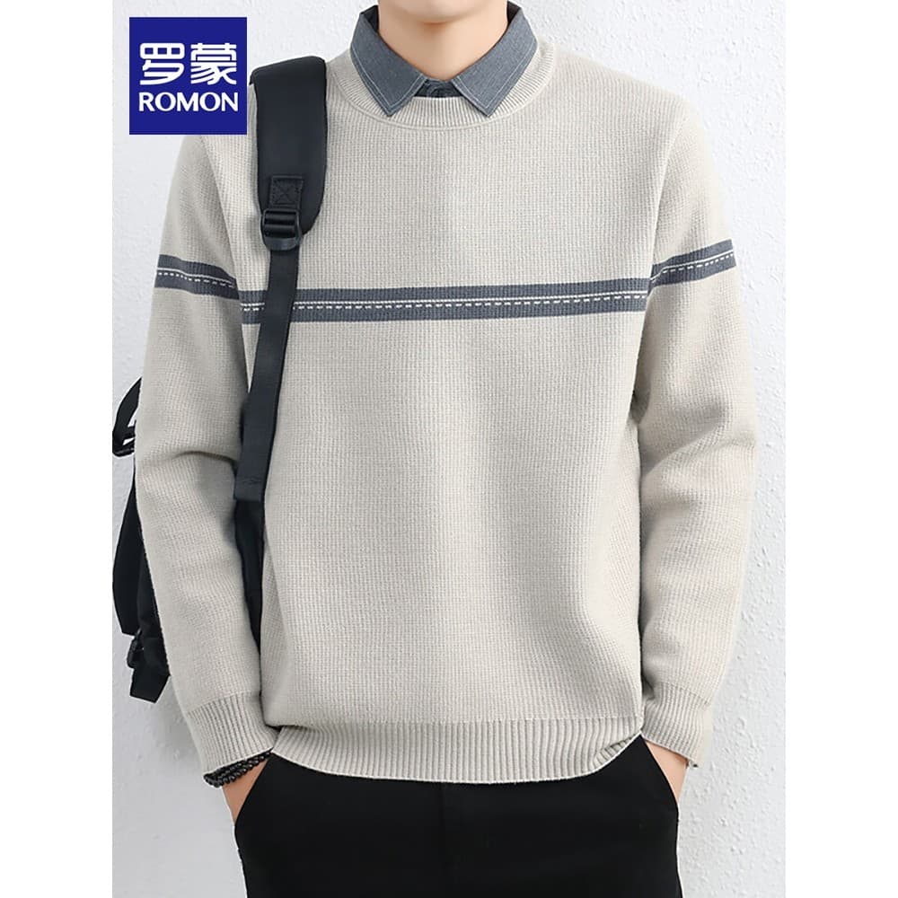 Lomon falso suéter de duas peças masculino inverno novo estilo cor-bloqueando camisa de fundo High-End camisa gola camis