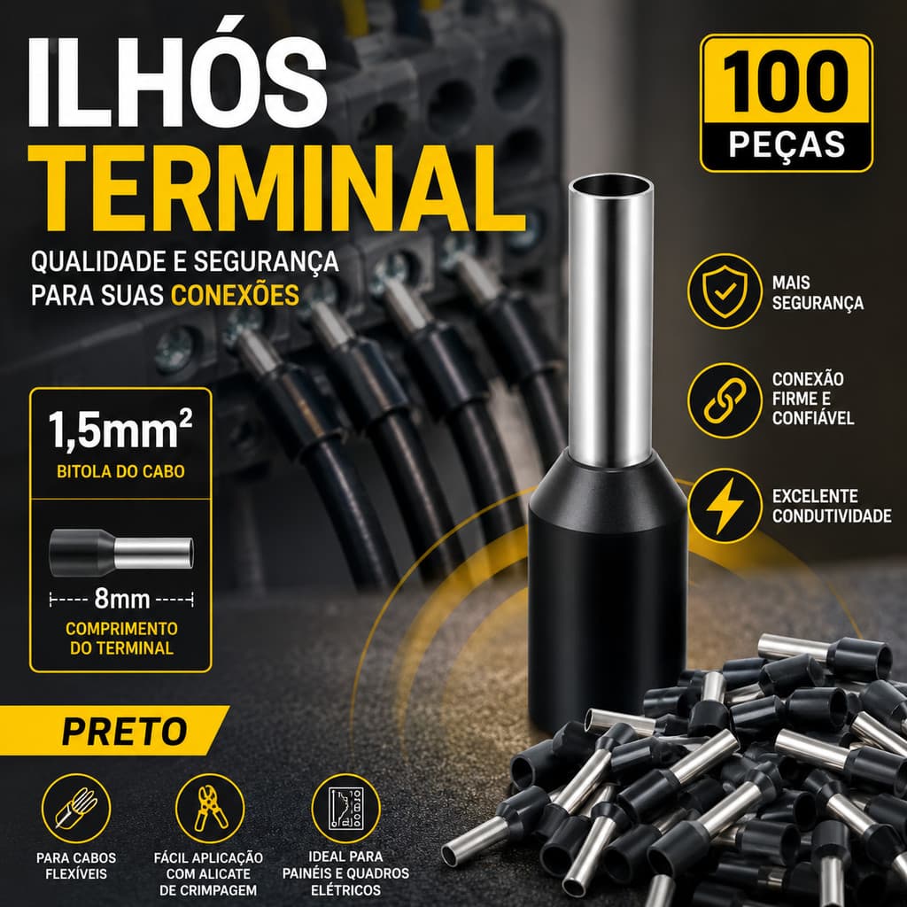 ILHÓS TERMINAL TUBULAR 1,5MM² PRETO 100 PEÇAS PONTEIRA PRÉ ISOLADA ELÉTRICA