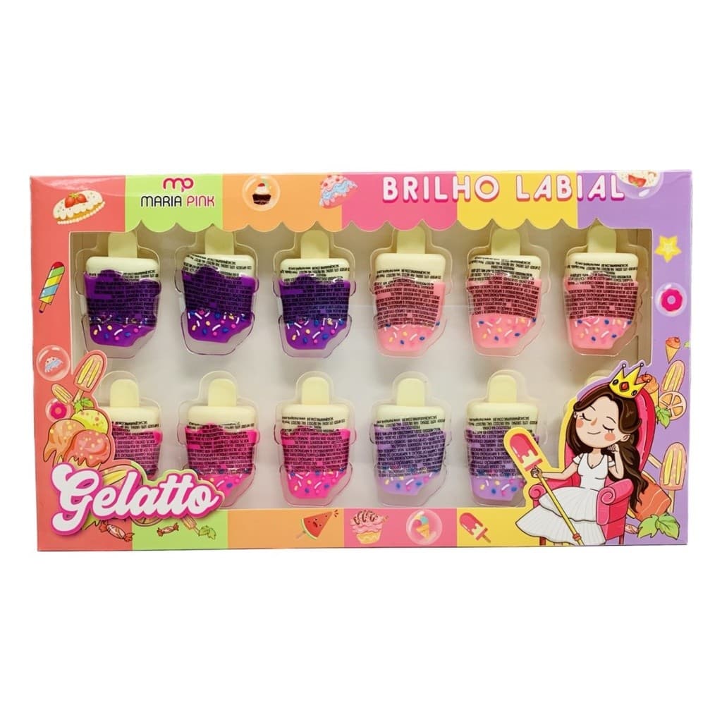 Box Com 12 Brilho Labial Infantil Gelatto - Maria Pink