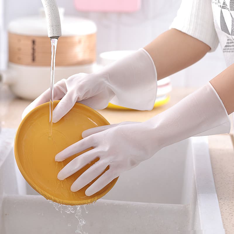 Luvas de lavar louça para trabalho doméstico, borracha transparente branca, à prova d'água, couro de borracha, limpeza d