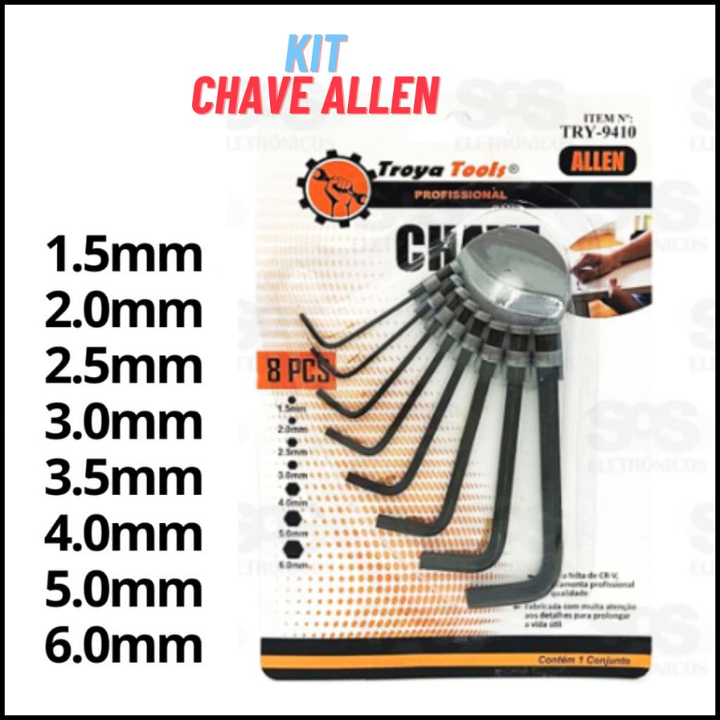 Chave Allen Jogo Chaves 1,5 - 2 - 2,5 - 3 - 3,5 - 4 - 5 - 6mm TRY - 9410Kit Chave allen alem Jogo
