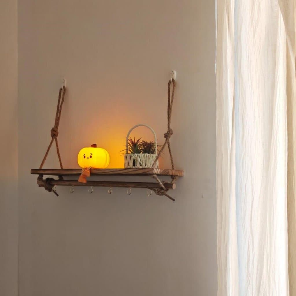 Prateleira de madeira para sala de estar, montada na parede, corda de cânhamo sem perfuração, Rack de armazenamento de b