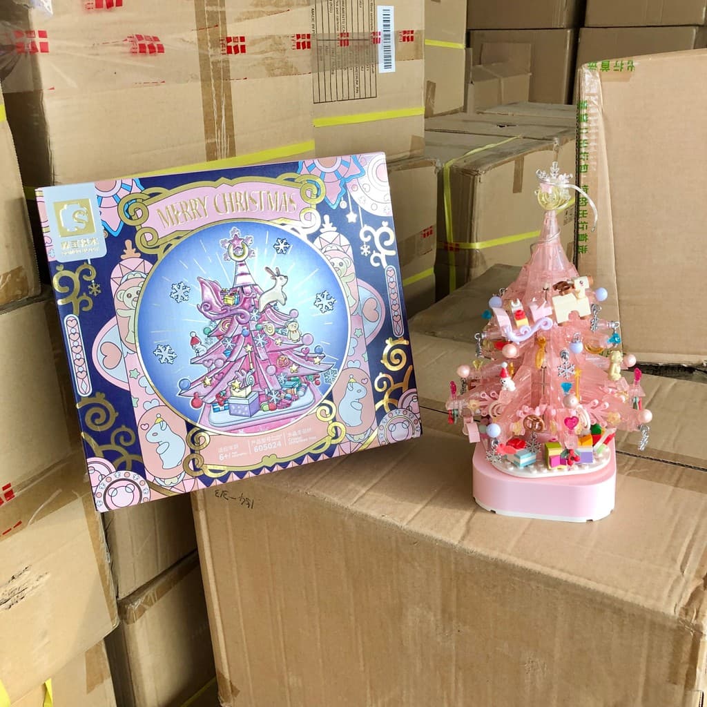 Fantasia árvore de natal blocos de construção brinquedos educativos com caixa de música rotativa iluminação presente da
