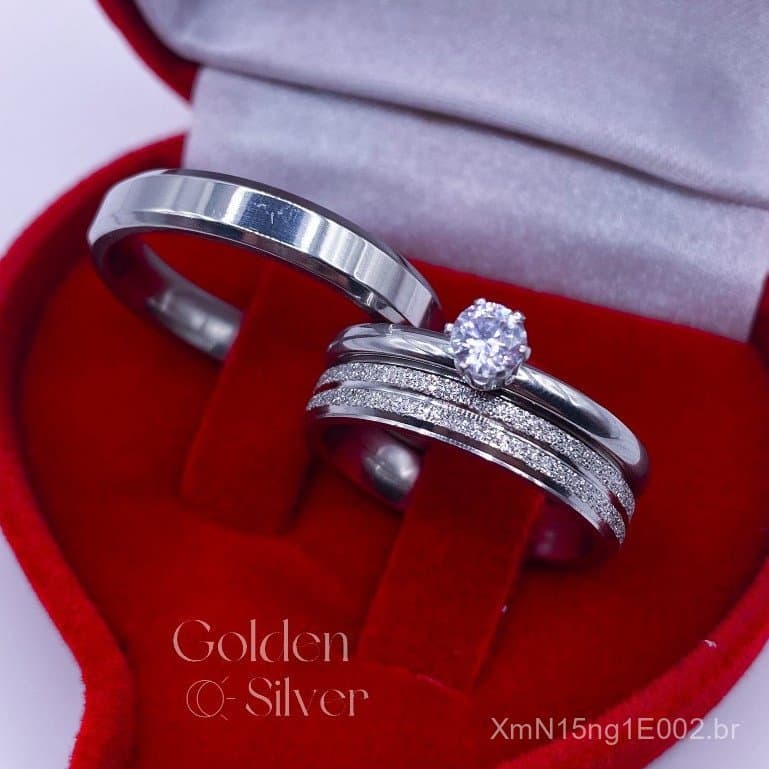 Par de Aliança de Namoro Casamento Brilhante Prata Diamantada Canal e Chanfrada 4mm + Anel Solitário