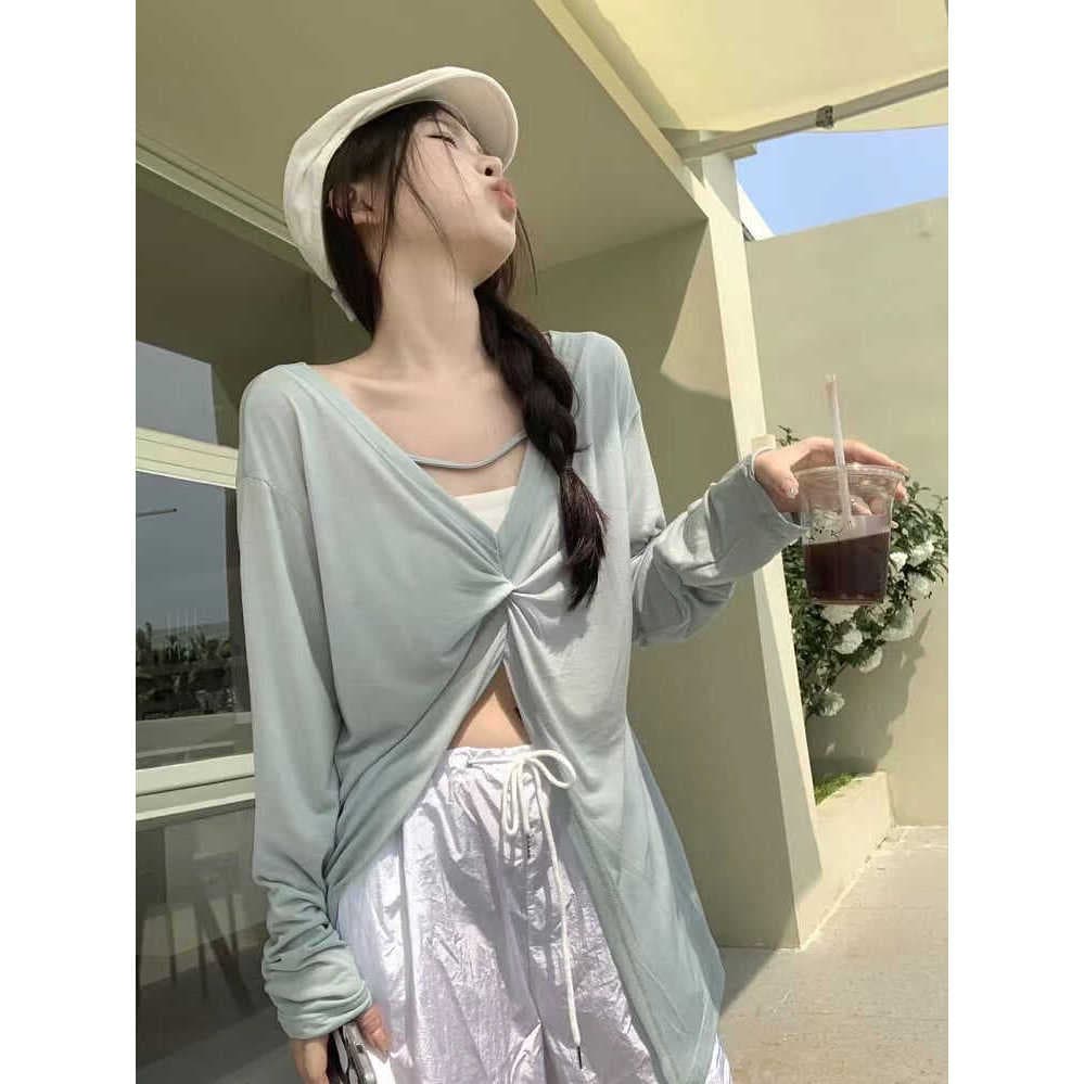 Irregular de manga comprida fino protetor solar roupas femininas verão novo estilo Design nicho fenda mais magro olhar r