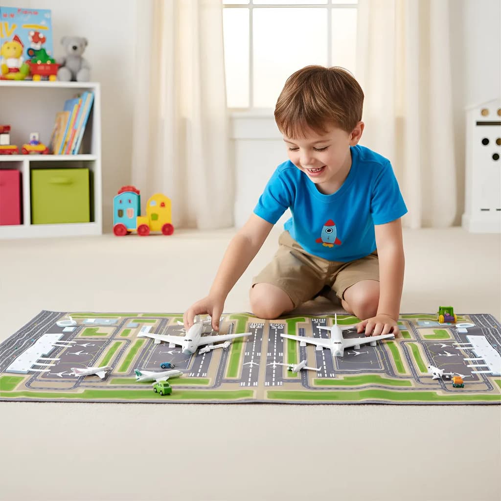 Tapete Infantil Pista Aviao Aeroporto 150x70cm Quarto Tapete Carro Transporte Lona Carrinhos Menino