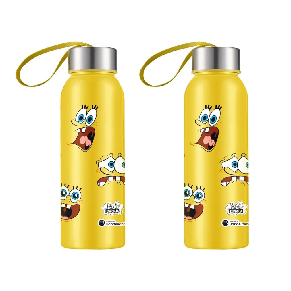 Kit 2 Squeeze Plástico Amarelo Bob Esponja 500ml com Tampa Inox e Alça de Tecido