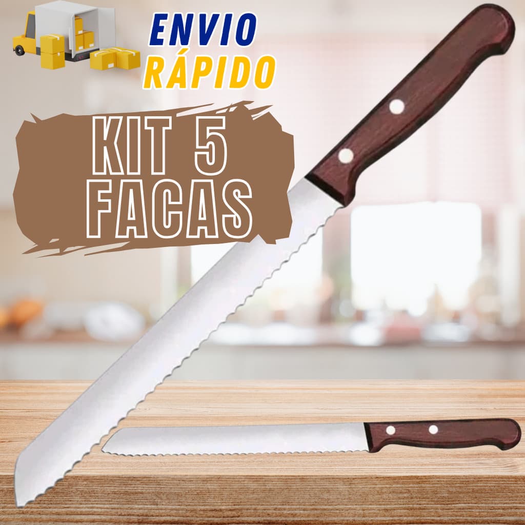 Facas Para Pão Cabo De Madeira 5 Peças Serra Serrilhada Grande 8 Bolo Profissional 32cm Talher