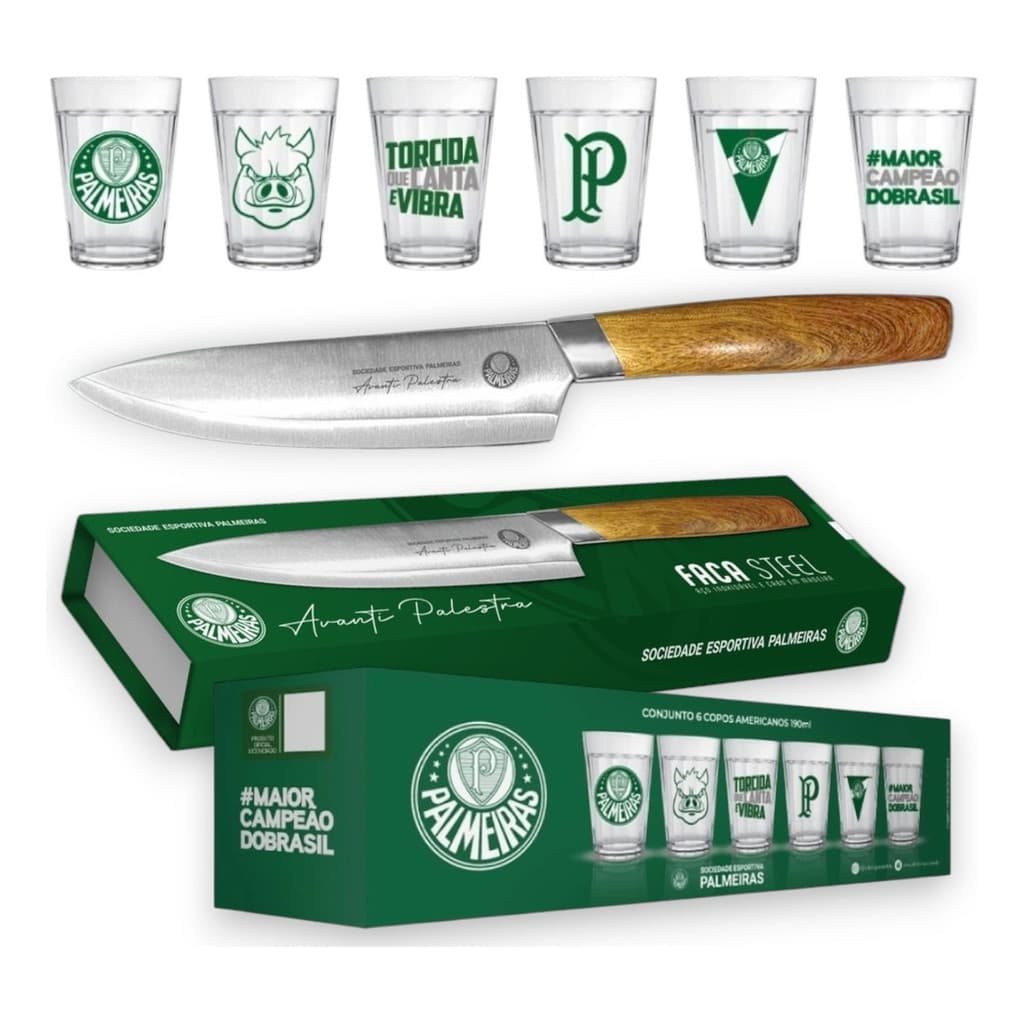 Kit Palmeiras 6 Copo Americano Vidro 190ml+ Faca Aço Verdão