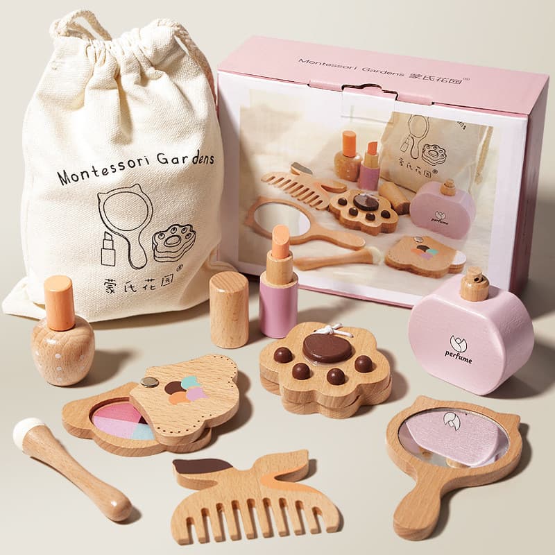 Conjunto De Bolsa De Maquiagem De Madeira Para Crianças-Brinquedo De Simulação De Faia , Kit Educacional De Casa Aprendi
