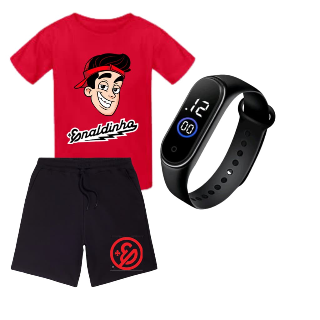 Camiseta Bermuda Infantil Enaldinho +  relogio kit tamanho 4 ao 16