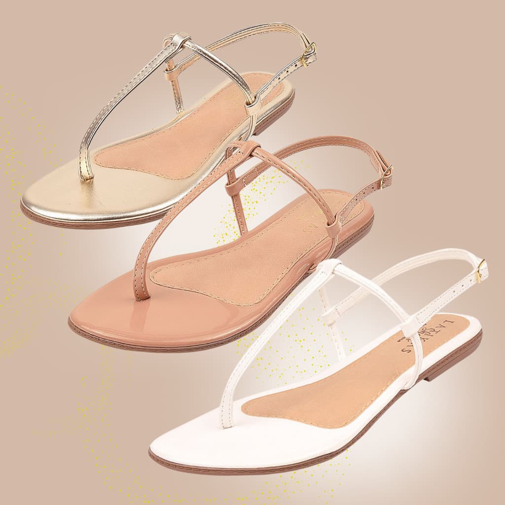 Sandalia Feminina Rasteirinha Kit 3 Pares Fio Basica Dia a dia Bege Branco Ouro