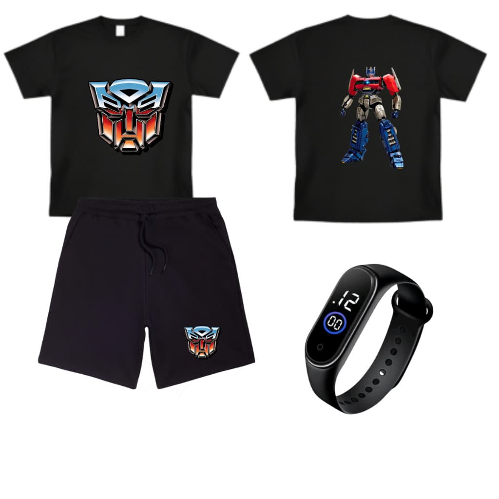 Conjunto  Transformers camiseta bermuda relogio infantil e juvenil 4 ao 16