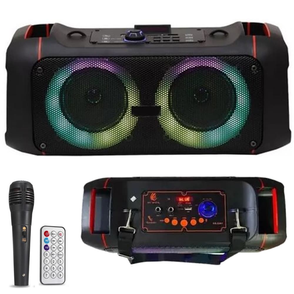 Caixa de Som Bluetooth Amplficada Potente Karaokê LED RGB FM USB Microfone