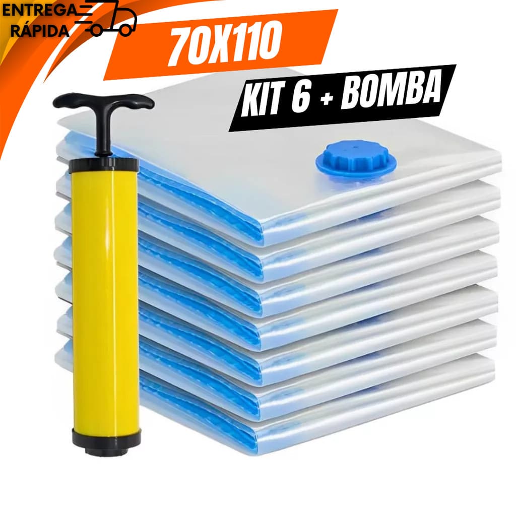 Combo 6 Saco a Vacuo 70x110 Organização de Roupas Mala Viagem Guarda Roupa + Bomba Manual Oferta Premium