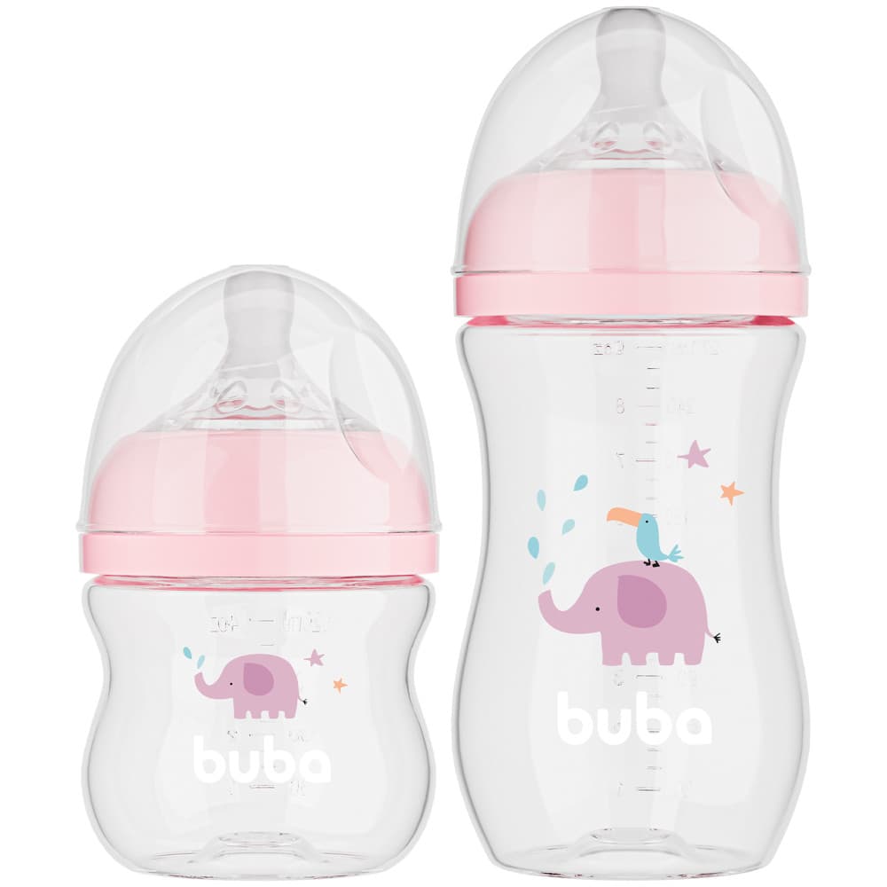 Kit Mamadeira Buba Easy Flow Anticólica para Bebê 120ml e 270ml Elefante Rosa
