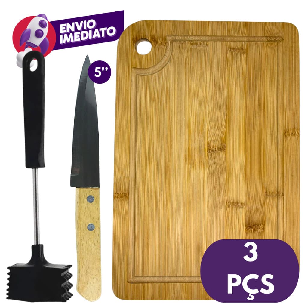Kit Tabua Corte Madeira Martelo Amaciador Carne Batedor Faca Peixeira 5” Cozinha Restaurante
