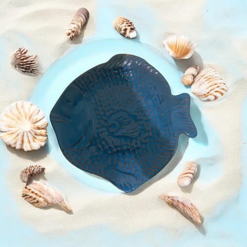 Travessa Prato Peixe Azul Rústico Grande Para Mesa Posta