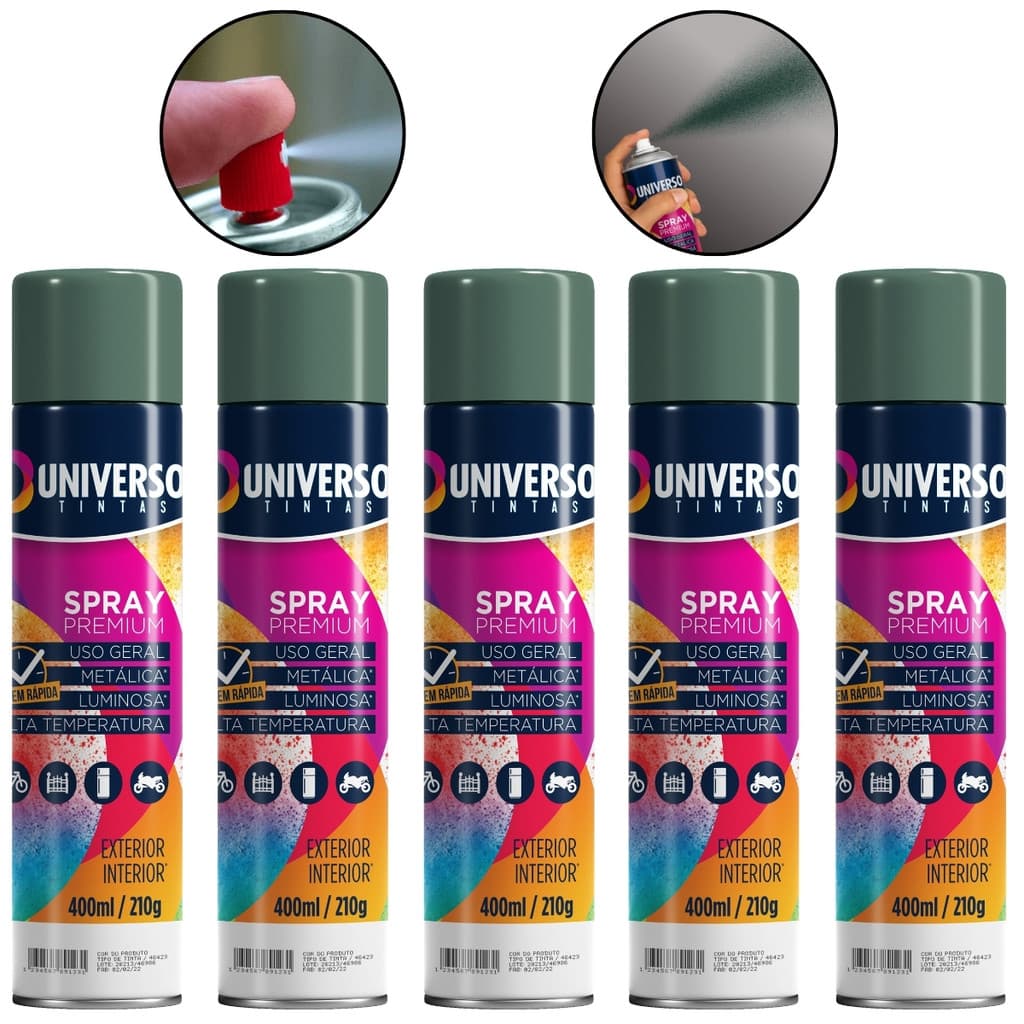 Kit 5 Tintas Spray 400ml Verde Escuro Uso Geral Universo Tinta para Pintura Aço Ferro Couro Gesso Cerâmica