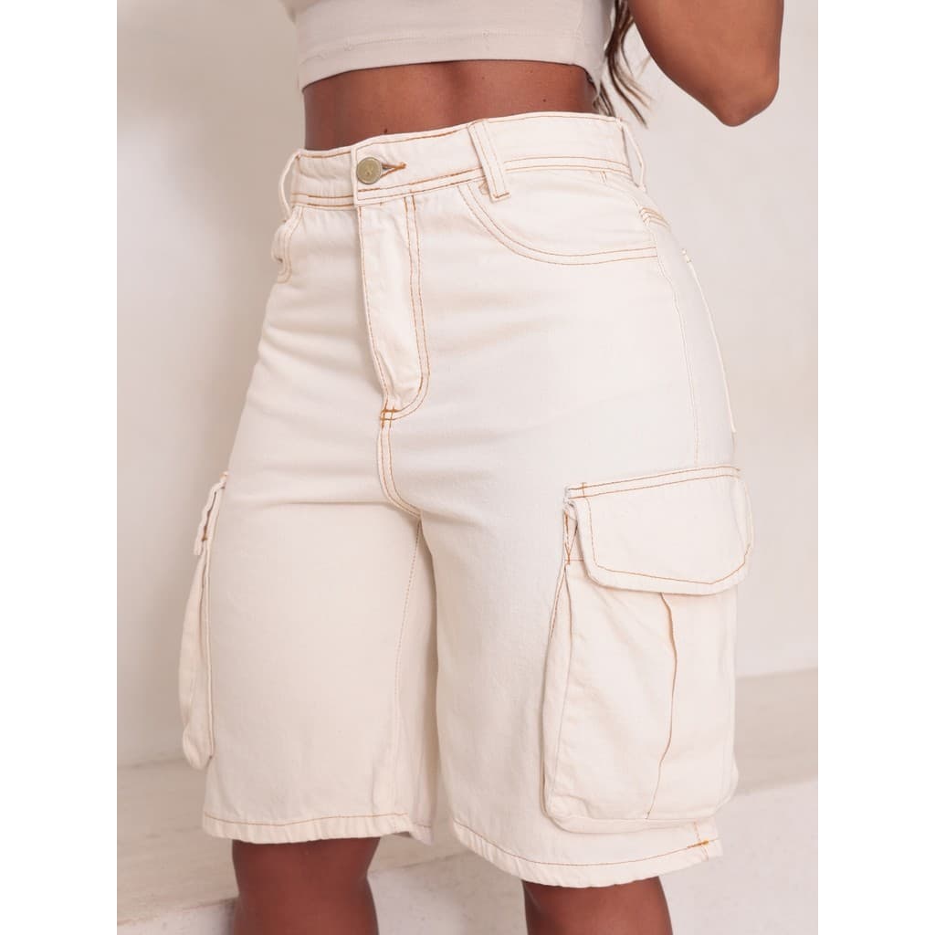 Bermuda Jorts short Jeans Feminina Bolso Cargo Cintura Alta