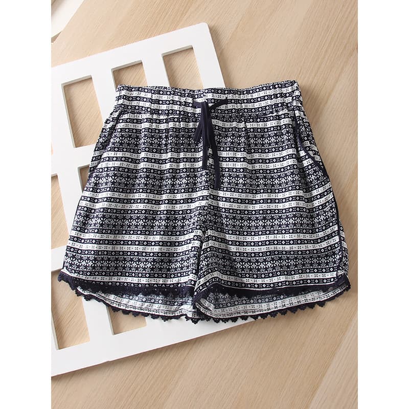 2025 verão novo estilo Retro estilo étnico impressão confortável leve legal cintura elástica cordão calças casuais Short