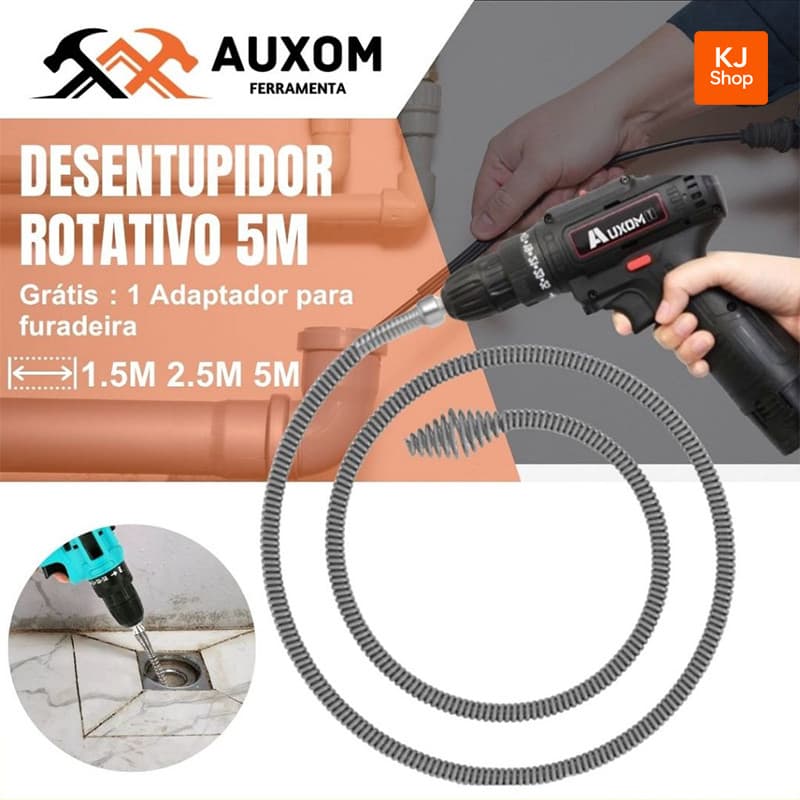 AUXOM Desentupidor de Cano Rotativo 5m com Adaptador para Furadeira Mola de Aço Pia Ralo Cozinha Banheiro
