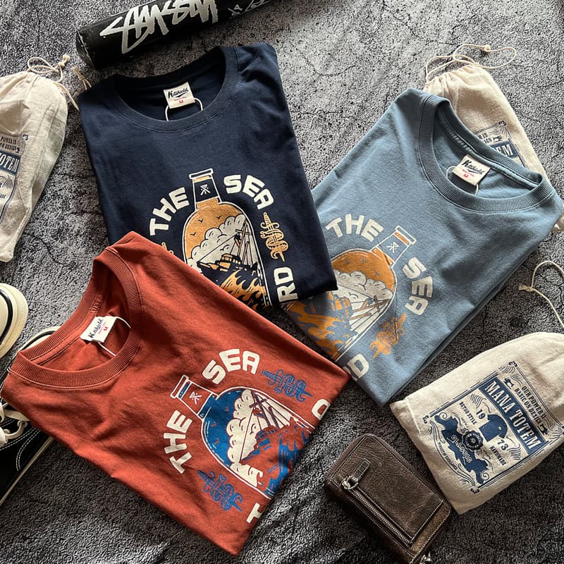 Americano criativo Casual deriva garrafa impressão Retro na moda lavado algodão de manga curta camiseta verão Bottoming