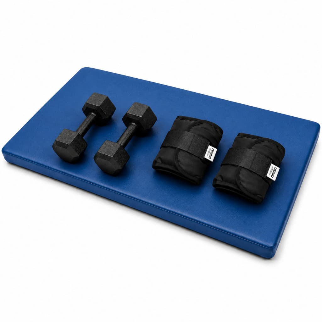 Desconto -Oferta Kit Fitness Colchonete Azul + Par 2kg Caneleira Peso Preto + Par 2Kg Halter Sextavado Academia