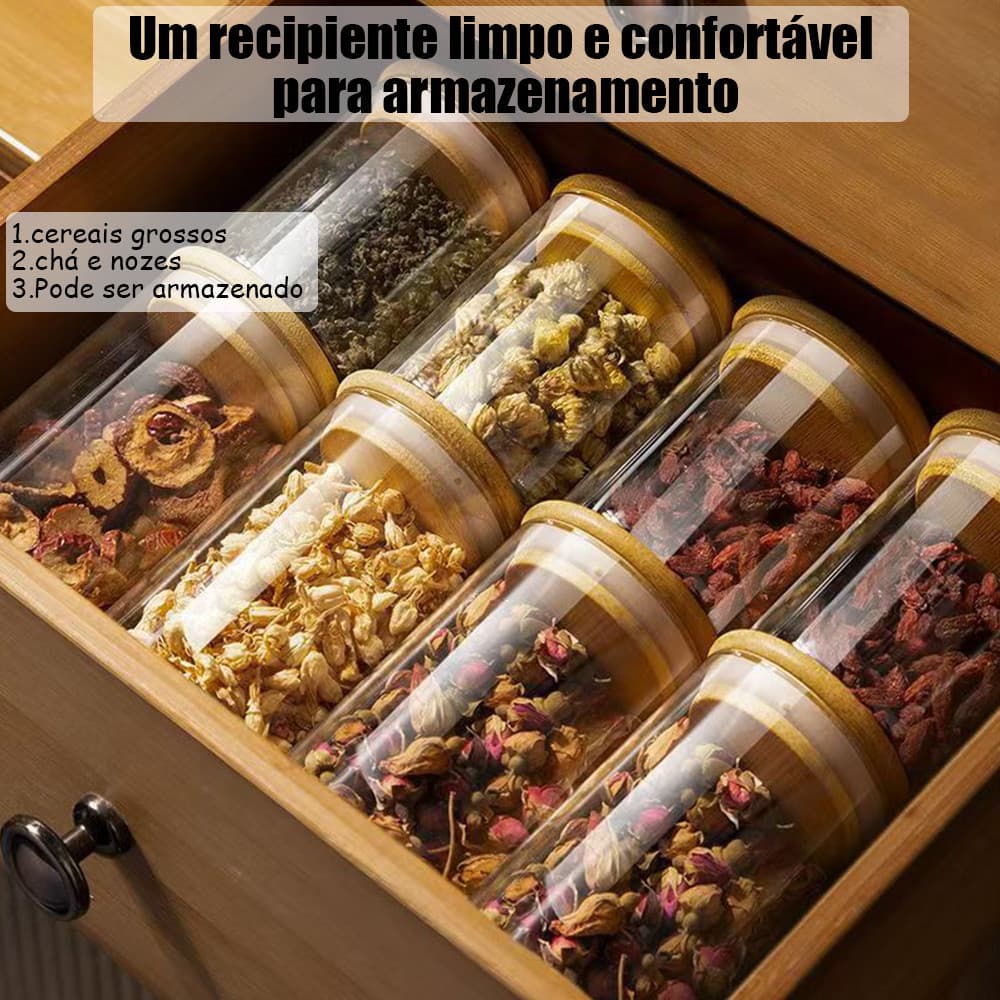 Kit 6 e 12 Potes Vidro Resistente Hermético Anti Umidade Anti Vazamento Tampa Bambu 200ml Casa Cozinha Organizacao