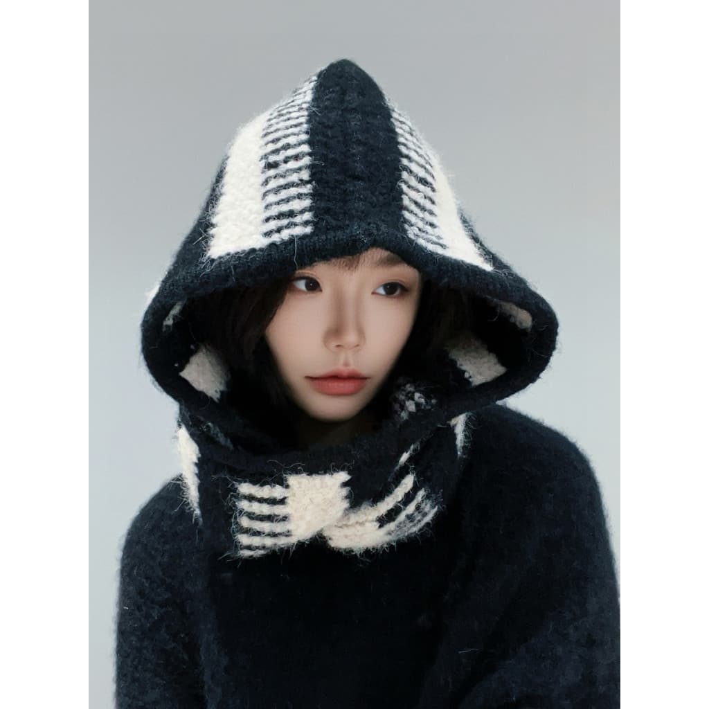 Versão coreana preto branco listras Balakrafa chapéu feminino outono inverno chapéu cachecol um engrossado quente à prov
